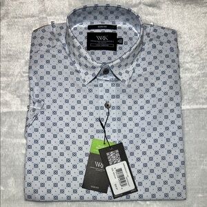 WRK Slim Fit White and Blue Geometric Dress Shirt
